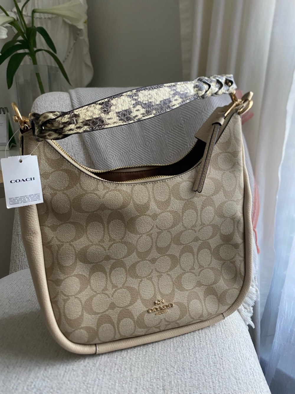 Coach Beige Signature Canvas Shoulder Bag with Patterned Top Handle